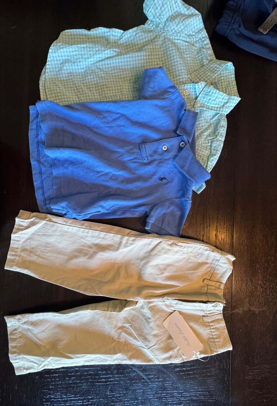 Ralph Lauren 3-Piece Outfit Set Size 18M Blue Polo Green Gingham Shirt Pants